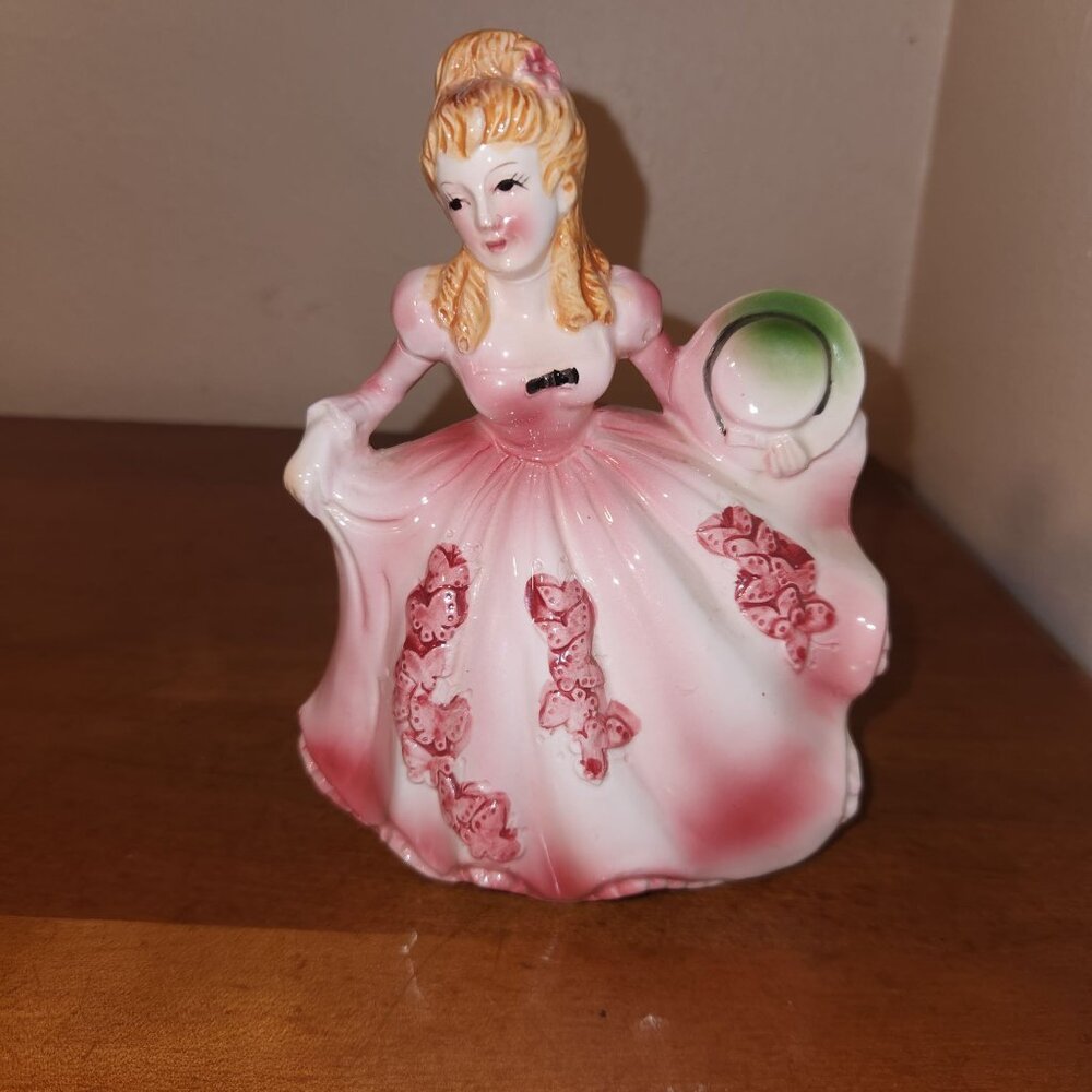 Vintage Lady Figurine Planter With Pink Dress & Green Hat Japan